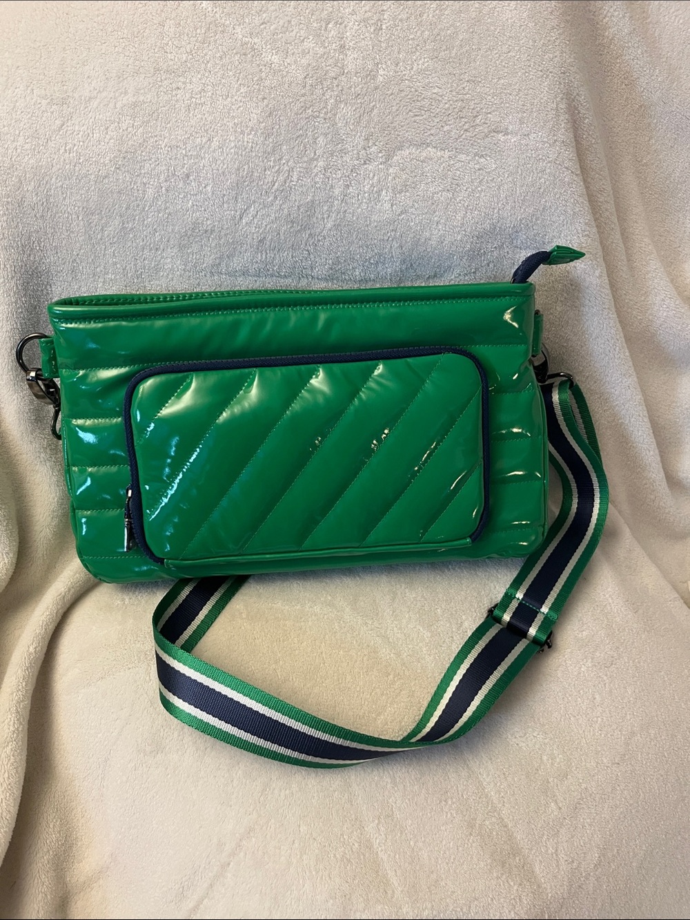Think Royln Green Quilted Crossbody Bag with Striped Strap